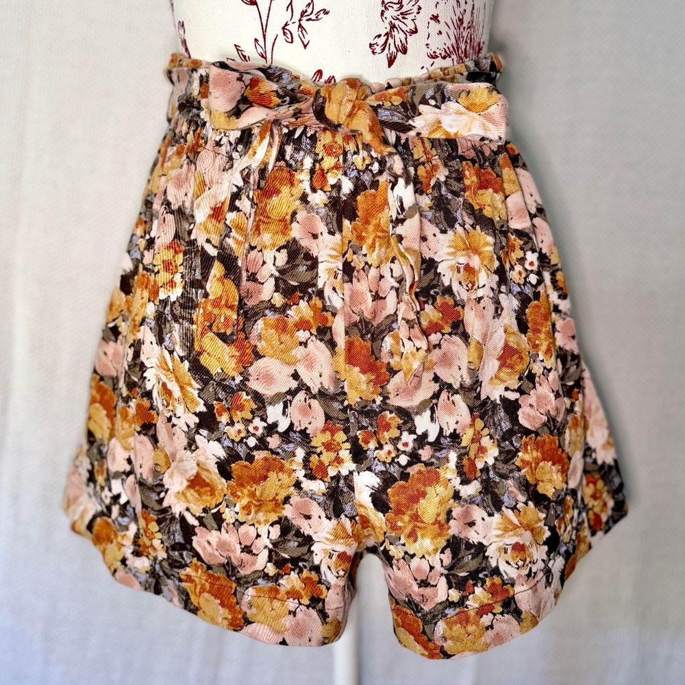High Waist Rose Floral Paperbag Shorts with Bow Tie